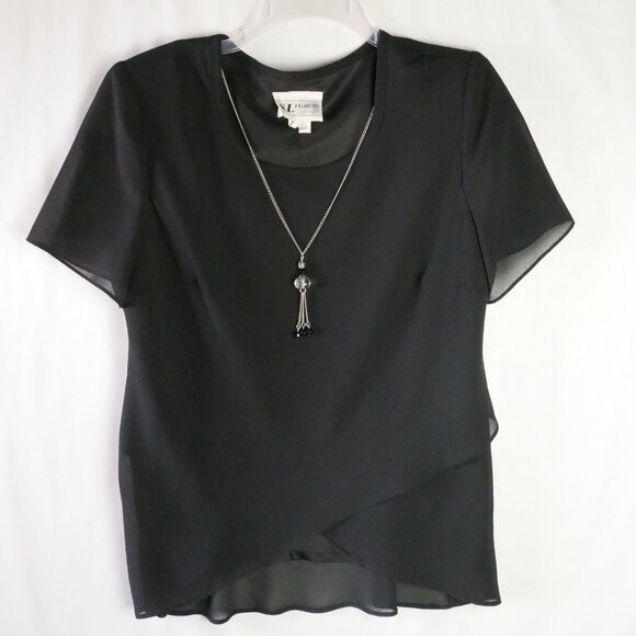 S.L. Fashions Petite Womens Size 14P Black Layered Semi Sher Blouse Pad Shoulder - Picture 1 of 15